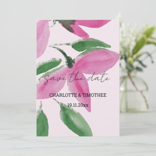 ロマンチックエレガントなピンクのワイルドフラワーウォータカラーアート セーブザデート (スタンド正面)