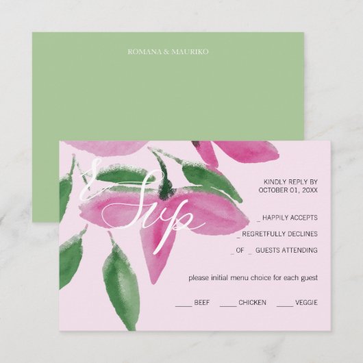 ロマンチックエレガントなピンクのワイルドフラワーウォータカラーアート 出欠カード (正面/裏面)