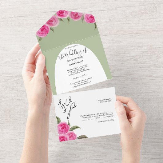 ロマンチックエレガントなピンクの緑の水色のバラ オールインワン招待状 (貼ってはがせる)
