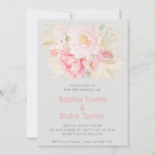 ロマンチックエレガントなピンクフローラプラチ結婚ナム 招待状 (正面)