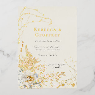 ロマンチックエレガントなフローラシダSave the Date金ゴールド 箔招待状