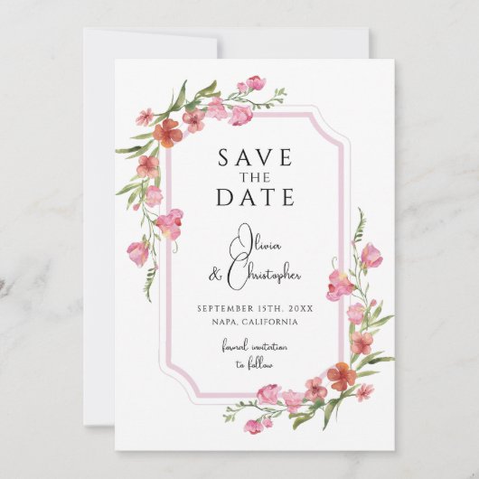 ロマンチックエレガントなフローラ写真の日付を保存 招待状 (正面)