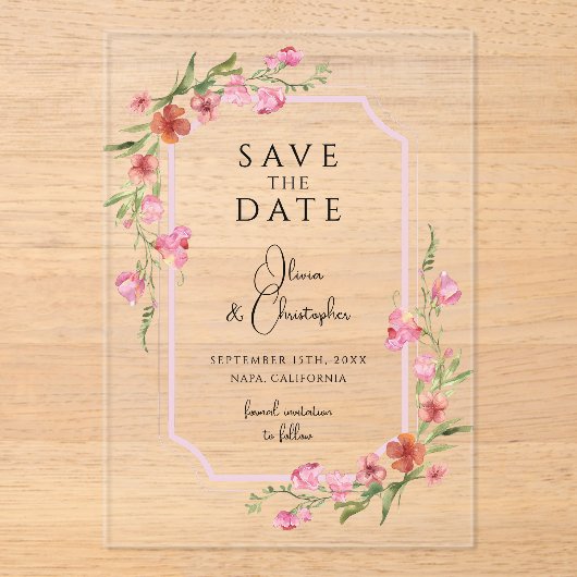 ロマンチックエレガントなフローラ日付を保存 アクリル招待状 (正面)