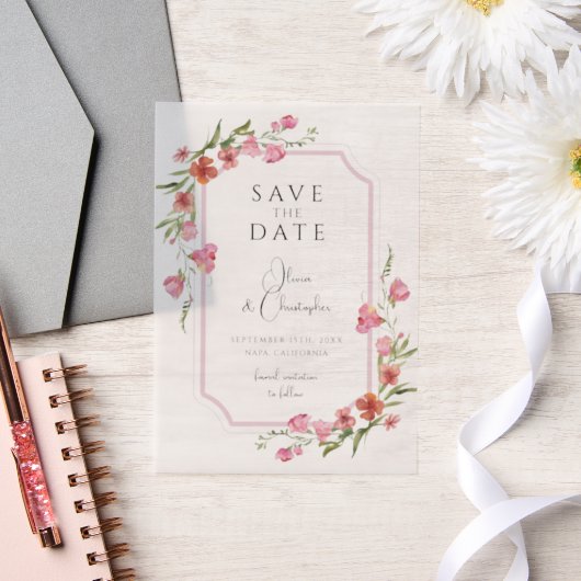ロマンチックエレガントなフローラ日付を保存 ベラム紙招待状 (ウェディング)