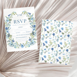 ロマンチックエレガントなブルーフローラリースラス結婚トの 出欠カード