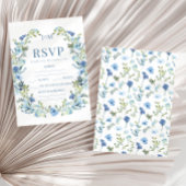 ロマンチックエレガントなブルーフローラリースラス結婚トの 出欠カード