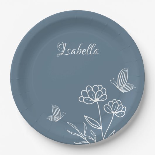 ロマンチックエレガントな埃っぽい青フローラ ペーパープレート (正面)