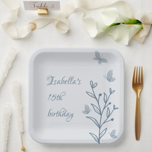 ロマンチックエレガントな埃っぽい青フローラ ペーパープレート (ウェディング)