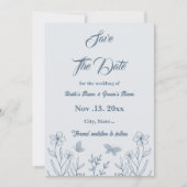 ロマンチックエレガントな埃の多い青いフローラ結婚の セーブザデート (正面)