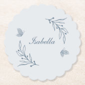 ロマンチックエレガントな埃の多い青いフローラ結婚の ペーパーコースター (正面)