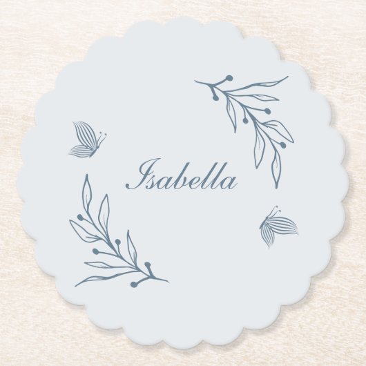 ロマンチックエレガントな埃の多い青いフローラ結婚の ペーパーコースター (正面)
