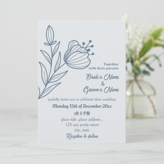 ロマンチックエレガントな埃の多い青いフローラ結婚の 招待状 (スタンド正面)