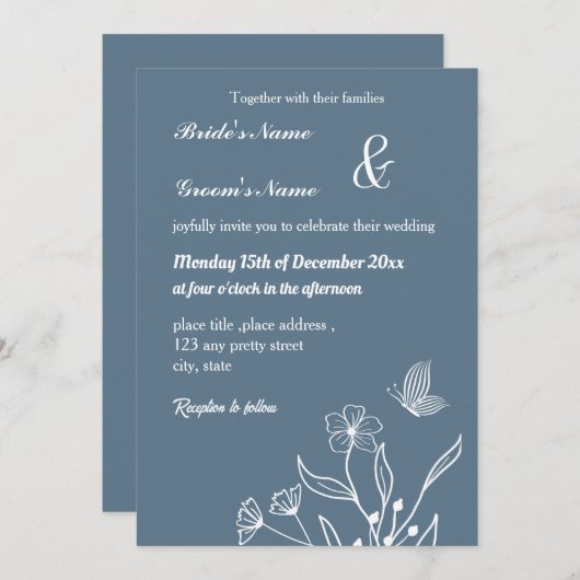 ロマンチックエレガントな埃の多い青いフローラ結婚の 招待状 (正面/裏面)
