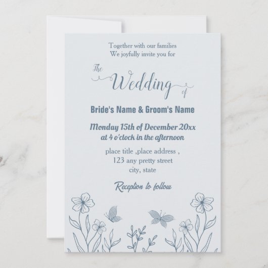ロマンチックエレガントな埃の多い青いフローラ結婚の 招待状 (正面)