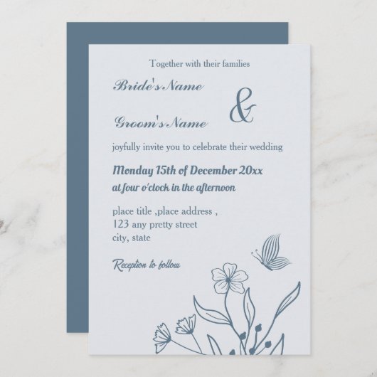ロマンチックエレガントな埃の多い青いフローラ結婚の 招待状 (正面/裏面)