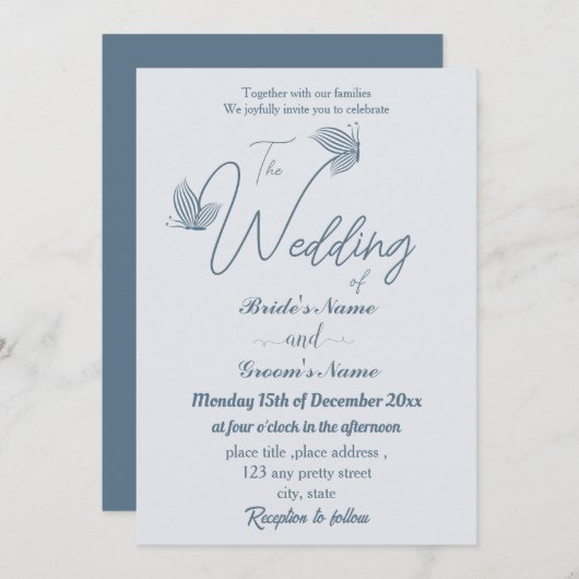 ロマンチックエレガントな埃の多い青い結婚蝶 招待状 (正面/裏面)