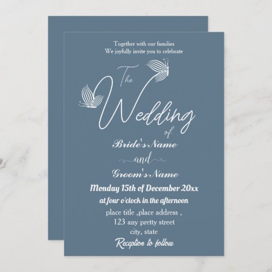 ロマンチックエレガントな埃の多い青い結婚蝶 招待状 (正面/裏面)