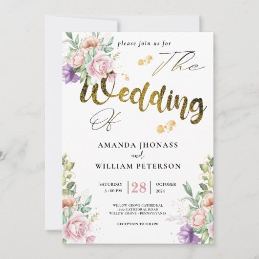 ロマンチックエレガントな多肉植物金ゴールドの結婚緑 招待状 (正面)