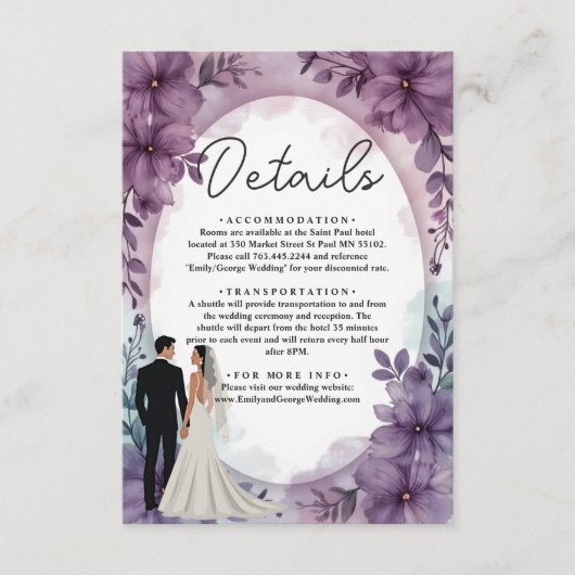 ロマンチックエレガントな新郎新婦パープルフローラ結婚ズ エンクロージャーカード (正面)