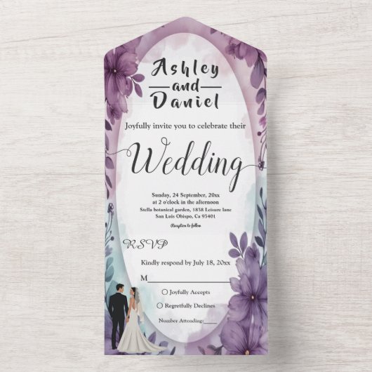 ロマンチックエレガントな新郎新婦パープルフローラ結婚ズ オールインワン招待状 (内側)