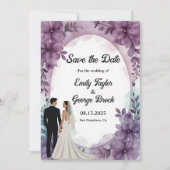 ロマンチックエレガントな新郎新婦パープルフローラ結婚ズ セーブザデート (正面)