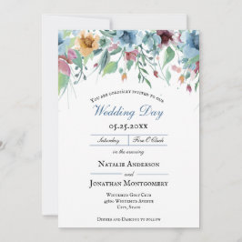 ロマンチックエレガントな春フローラダスティブルー結婚ズ 招待状