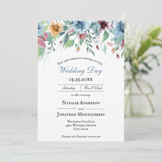 ロマンチックエレガントな春フローラダスティブルー結婚ズ 招待状 (スタンド正面)