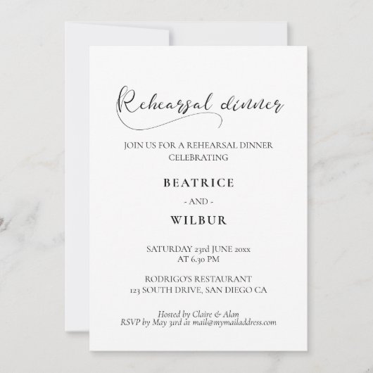 ロマンチックエレガントな書道リハーサルのディナー 招待状 (正面)