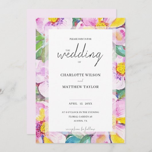 ロマンチックエレガントな桃の花ウォーターカラーアート 招待状 (正面/裏面)