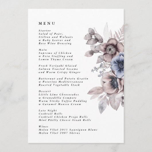 ロマンチックエレガントな水の色のフローラ結婚の メニュー (正面)