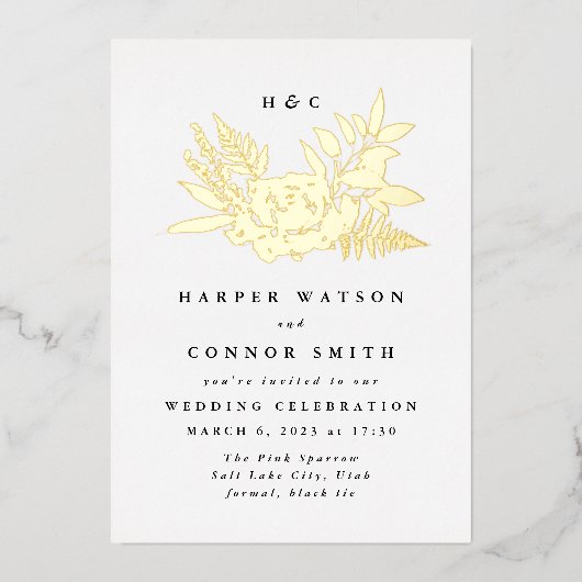 ロマンチックエレガントな水の色ミュートされたフローラ結婚の 箔招待状 (正面)