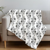 ロマンチックエレガントな白黒の花柄 フリースブランケット