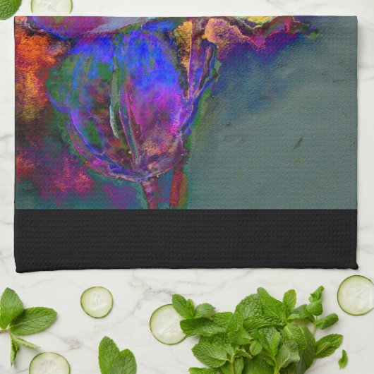 ロマンチックエレガントな紫のティール（緑がかった色）の絵画花 キッチンタオル (折り畳み)