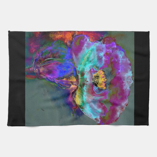 ロマンチックエレガントな紫のティール（緑がかった色）の絵画花 キッチンタオル (横)