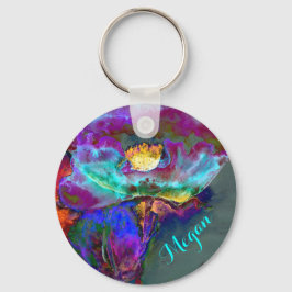 ロマンチックエレガントな紫のティール（緑がかった色）の絵画花 キーホルダー