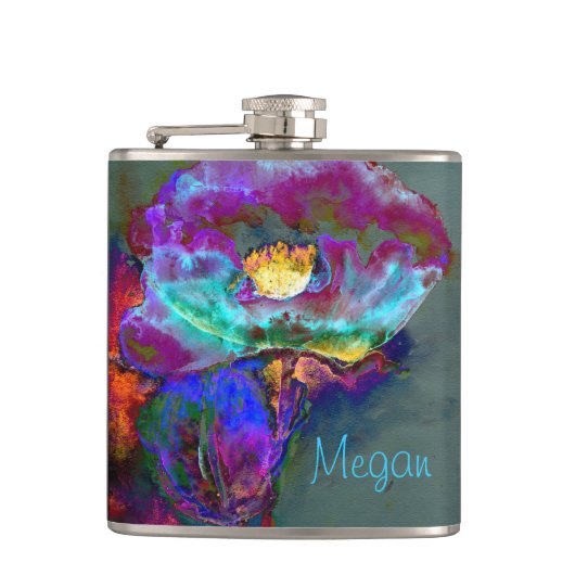 ロマンチックエレガントな紫のティール(緑がかった色)の絵画花 フラスク (正面)