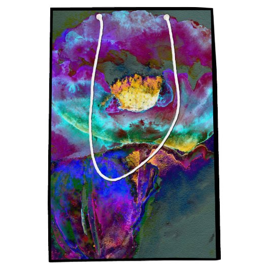 ロマンチックエレガントな紫のティール（緑がかった色）の絵画花 ミディアムペーパーバッグ (正面)