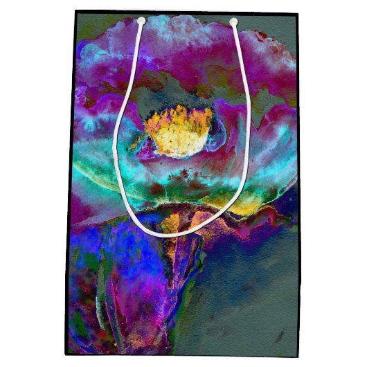 ロマンチックエレガントな紫のティール（緑がかった色）の絵画花 ミディアムペーパーバッグ (裏面)