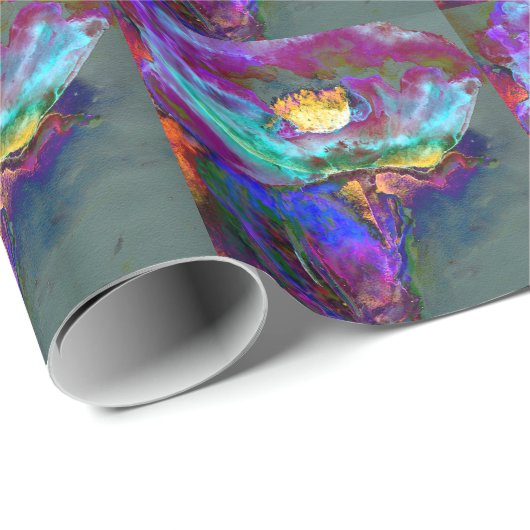 ロマンチックエレガントな紫のティール（緑がかった色）の絵画花 ラッピングペーパー (ロールコーナー)