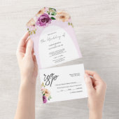 ロマンチックエレガントな紫の薄紫水色の花 オールインワン招待状 (貼ってはがせる)