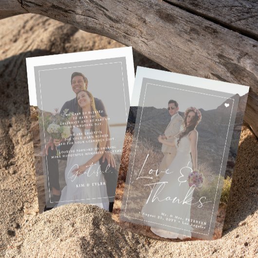 ロマンチックエレガントな脚本2枚の写真を重ね結婚合わせる サンキューカード