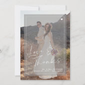 ロマンチックエレガントな脚本2枚の写真を重ね結婚合わせる サンキューカード (正面)