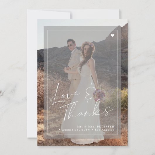 ロマンチックエレガントな脚本2枚の写真を重ね結婚合わせる サンキューカード (正面)