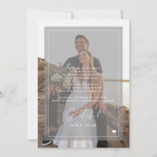 ロマンチックエレガントな脚本2枚の写真を重ね結婚合わせる サンキューカード (裏面)