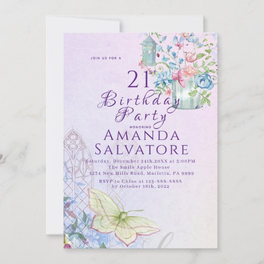 ロマンチックエレガントな蝶の花21歳の誕生日 招待状 (正面)