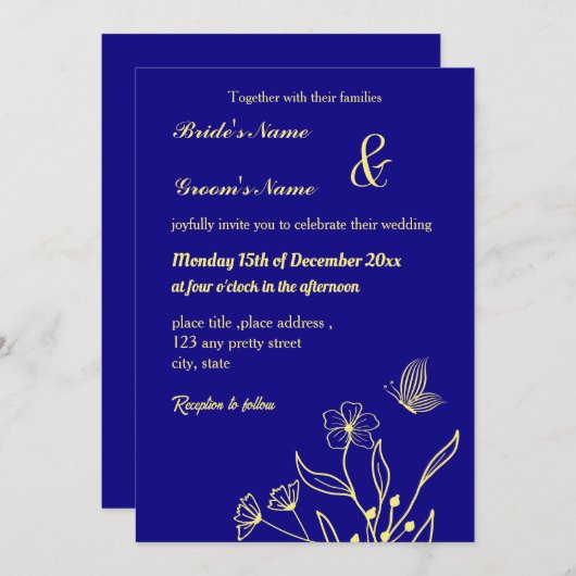 ロマンチックエレガントな金ゴールドの王室の花色 招待状 (正面/裏面)