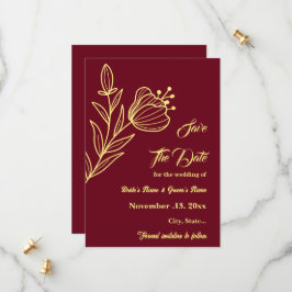 ロマンチックエレガントな金ゴールドの花がブルゴーニュ結婚ーズ セーブザデート