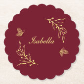 ロマンチックエレガントな金ゴールドの花がブルゴーニュ結婚ーズ ペーパーコースター (正面)