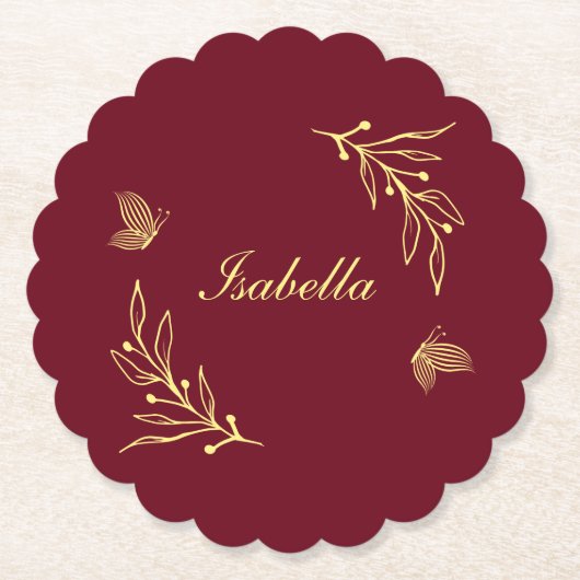 ロマンチックエレガントな金ゴールドの花がブルゴーニュ結婚ーズ ペーパーコースター (正面)