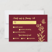 ロマンチックエレガントな金ゴールドの花がブルゴーニュ結婚ーズ 出欠カード (正面)